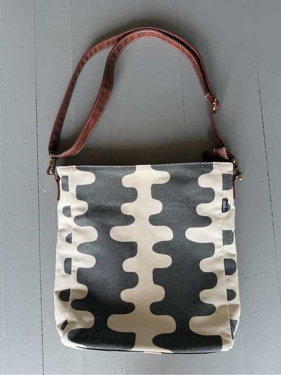 Maika Handbags - Maika Canvas Patterned Crossbody Tote with Brown Vegan Leather Strap